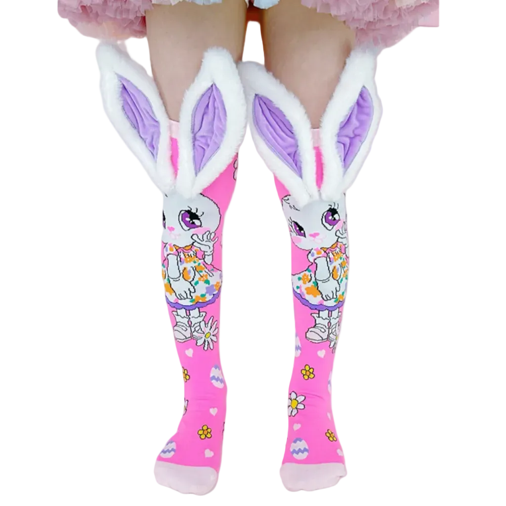 Pink knee-high socks with bunny ears and rabbit design
