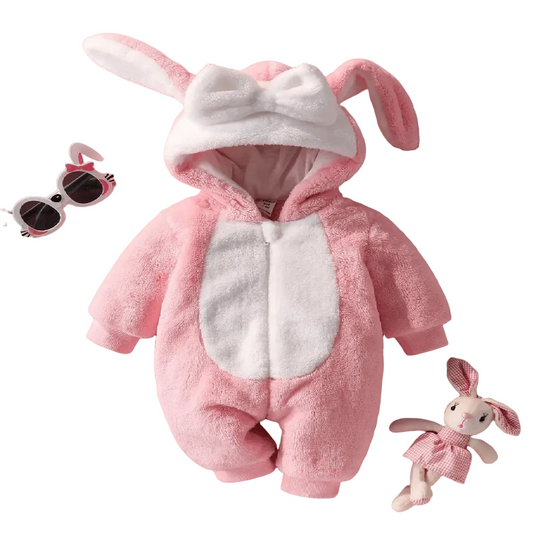 Pink bunny costume with sunglasses and toy on a light gray background