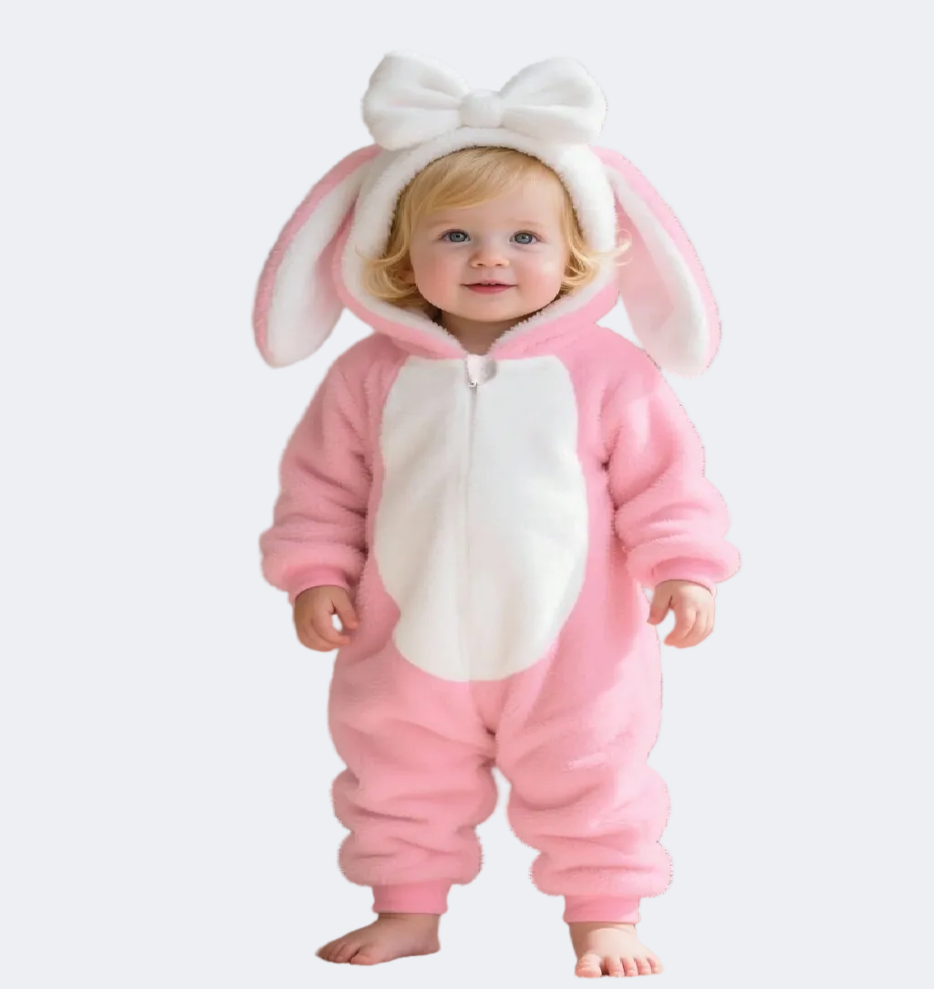 Child wearing a pink bunny onesie with a white bow in a living room.