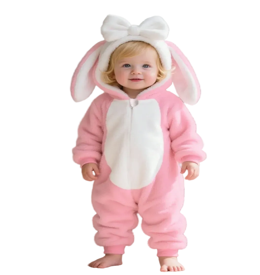 Child wearing a pink bunny onesie with a white bow in a living room.