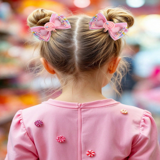 Child styled in buns with pink bows