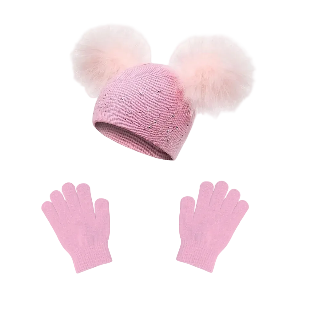 Pink beanie with pom-pom and matching gloves on a white background