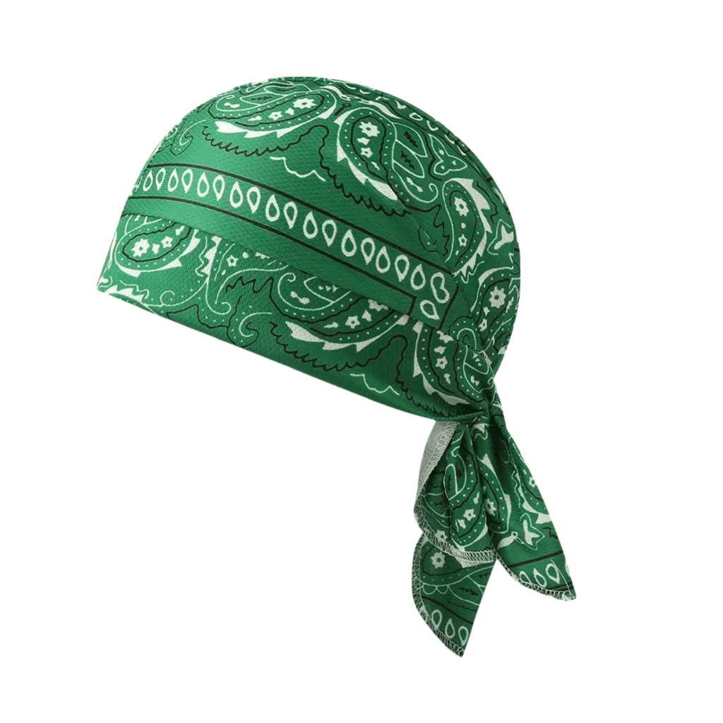 A green paisley bandana headwrap tied under the chin, shown against a plain white background.