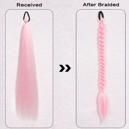 Comparison of a pink hair extension before and after braiding on a white background.
