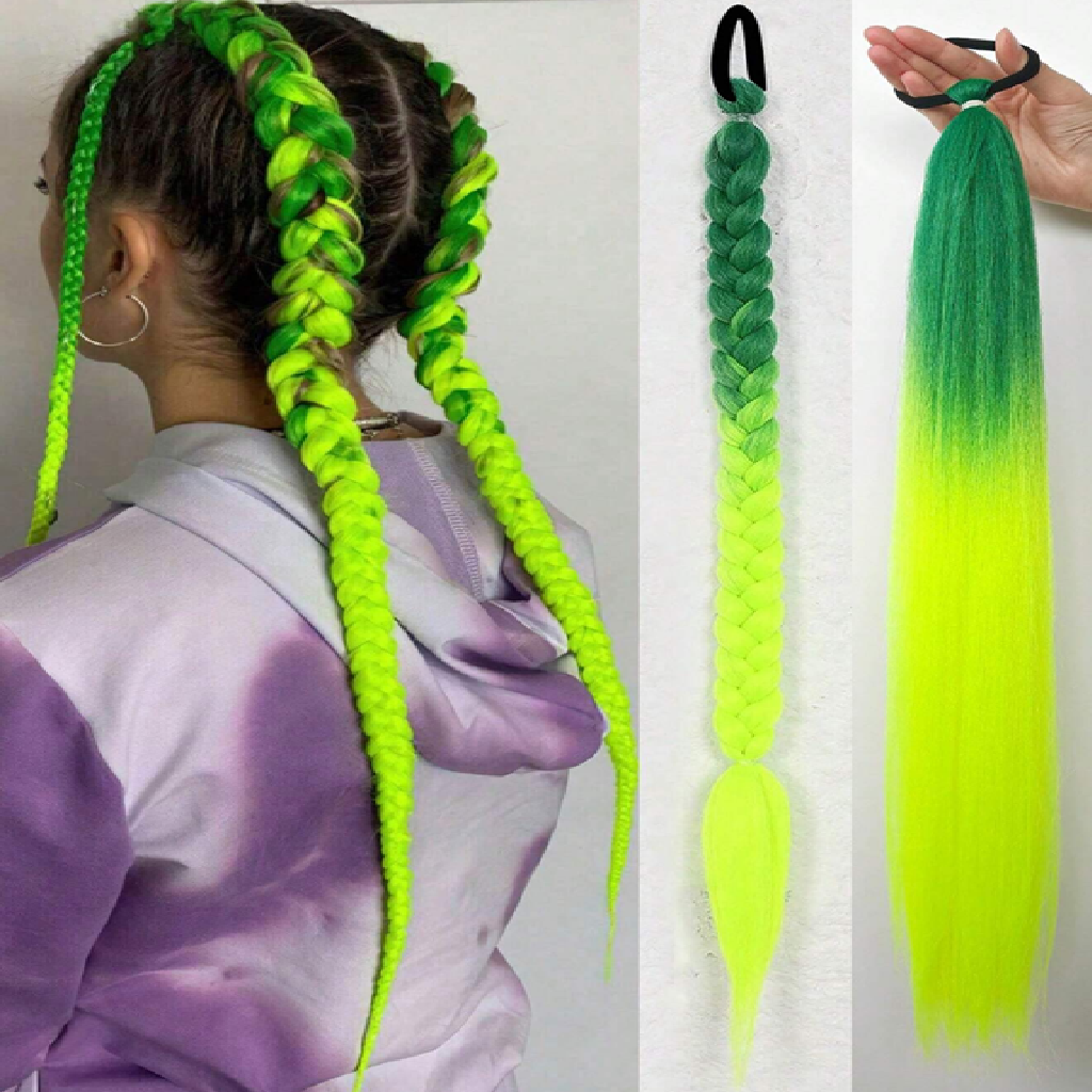 Neon green and yellow hair extensions with a person wearing them, and close-up views of the extensions.
