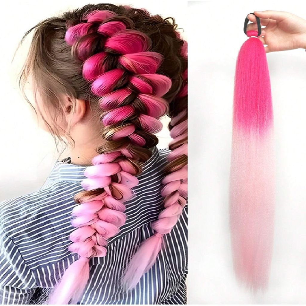 Person with pink and brown braided hair and a close-up of pink hair extensions.