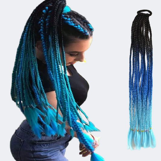 Woman with blue braided hair and a close-up of blue ombre braids on a white background.