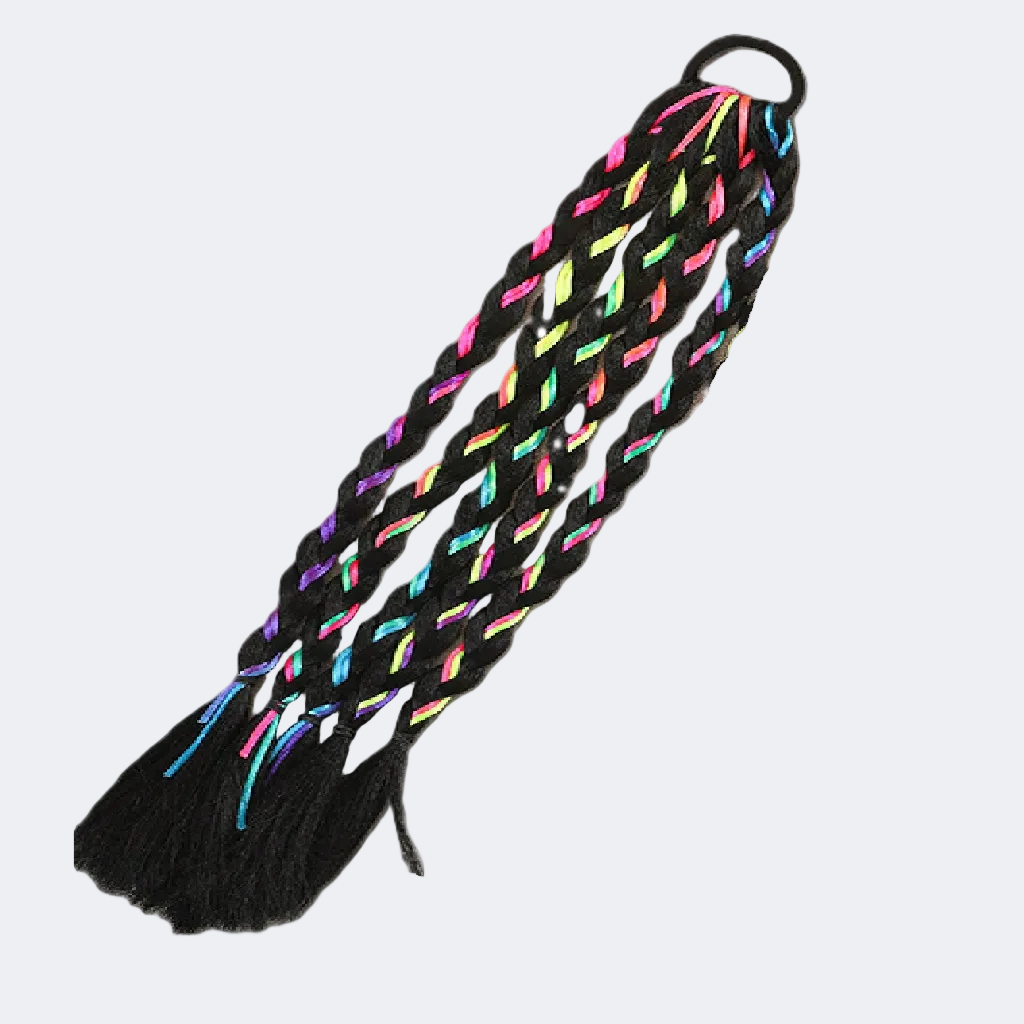 Braided horse tail with colorful accents on a white background