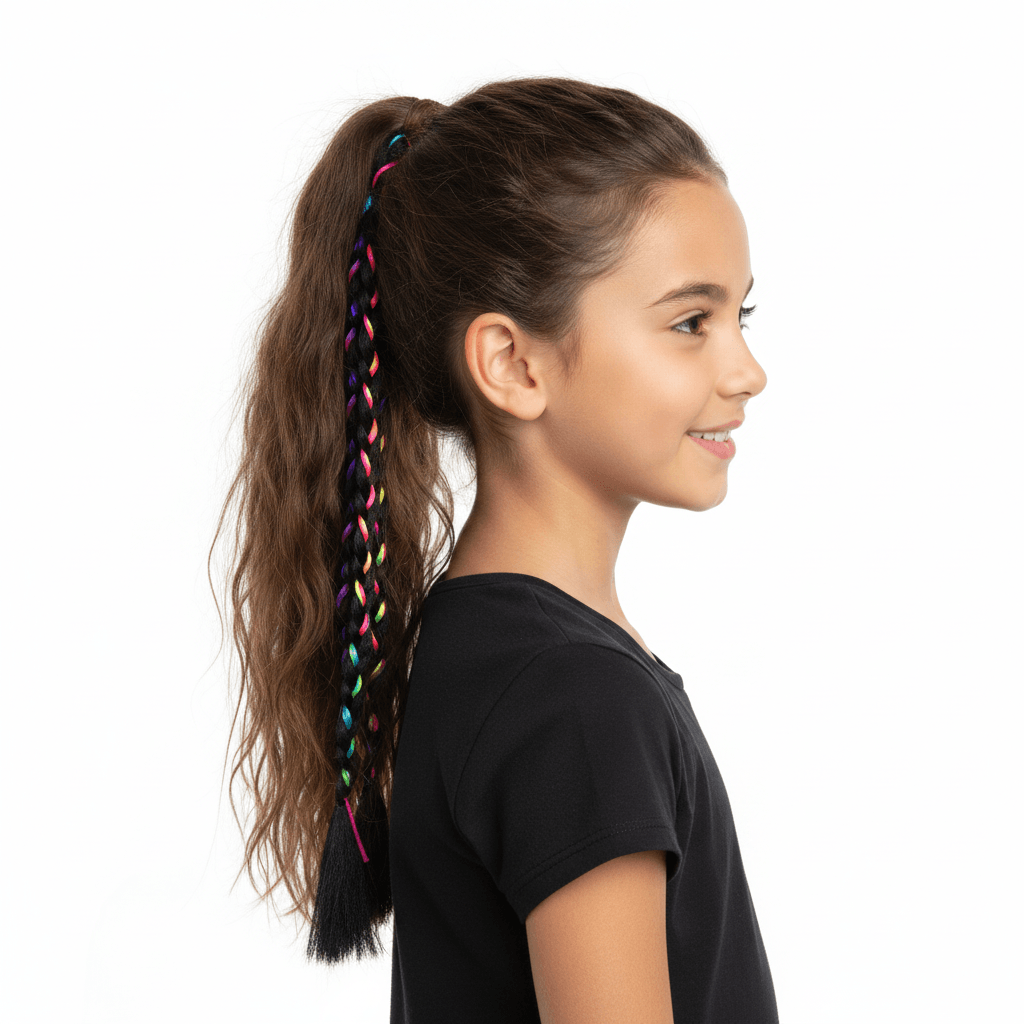 Child with colorful braided hair extensions and a close-up of the extensions.