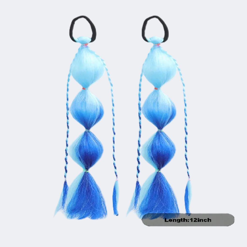 Two blue hair extensions with black elastics on a white background