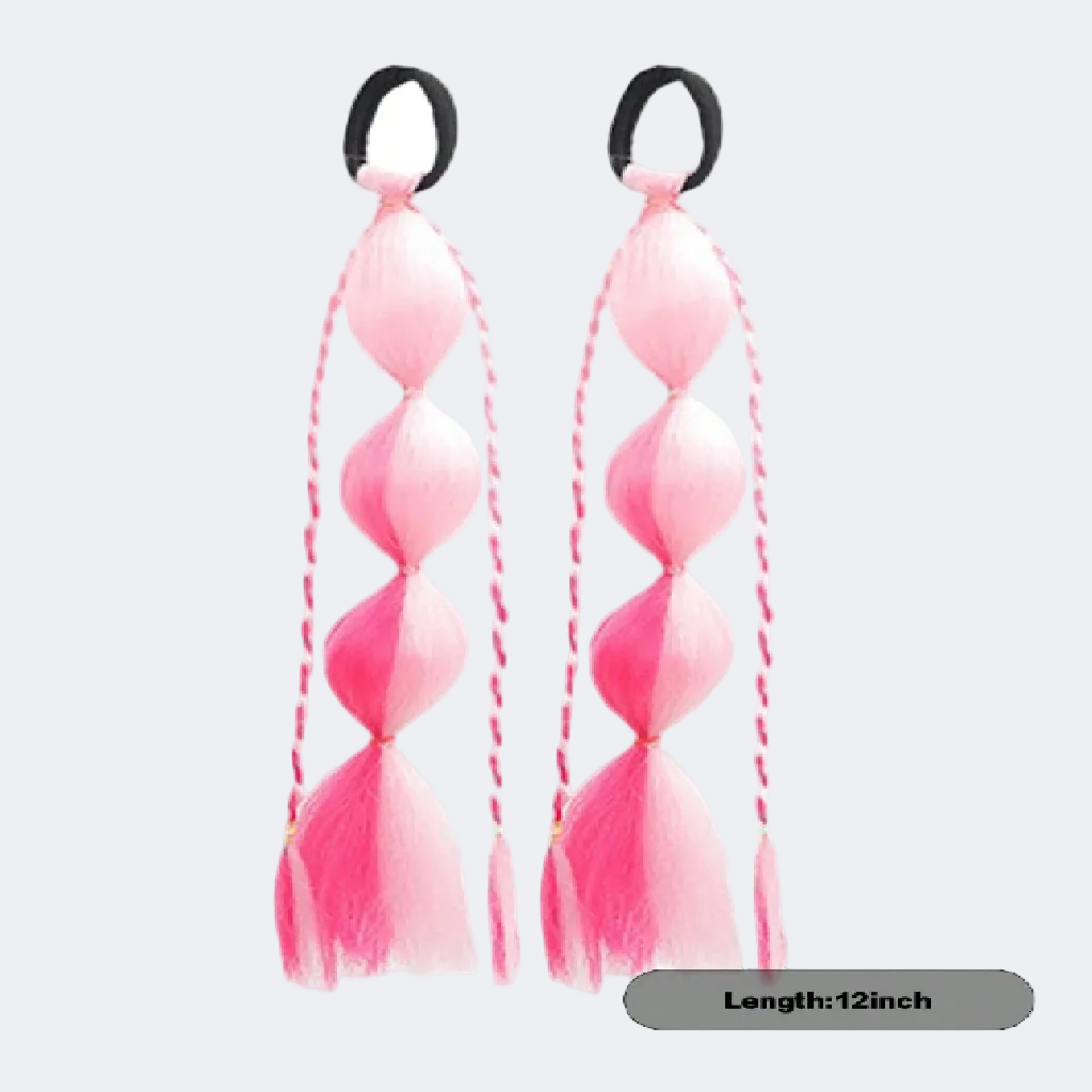 Two pink braided hair extensions with black elastics on a white background.