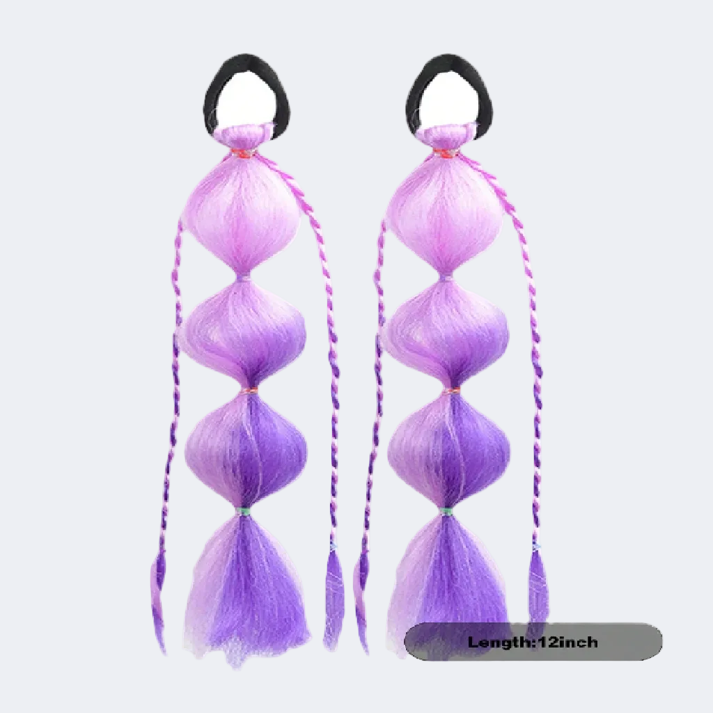 Two purple hair ties with extensions on a white background