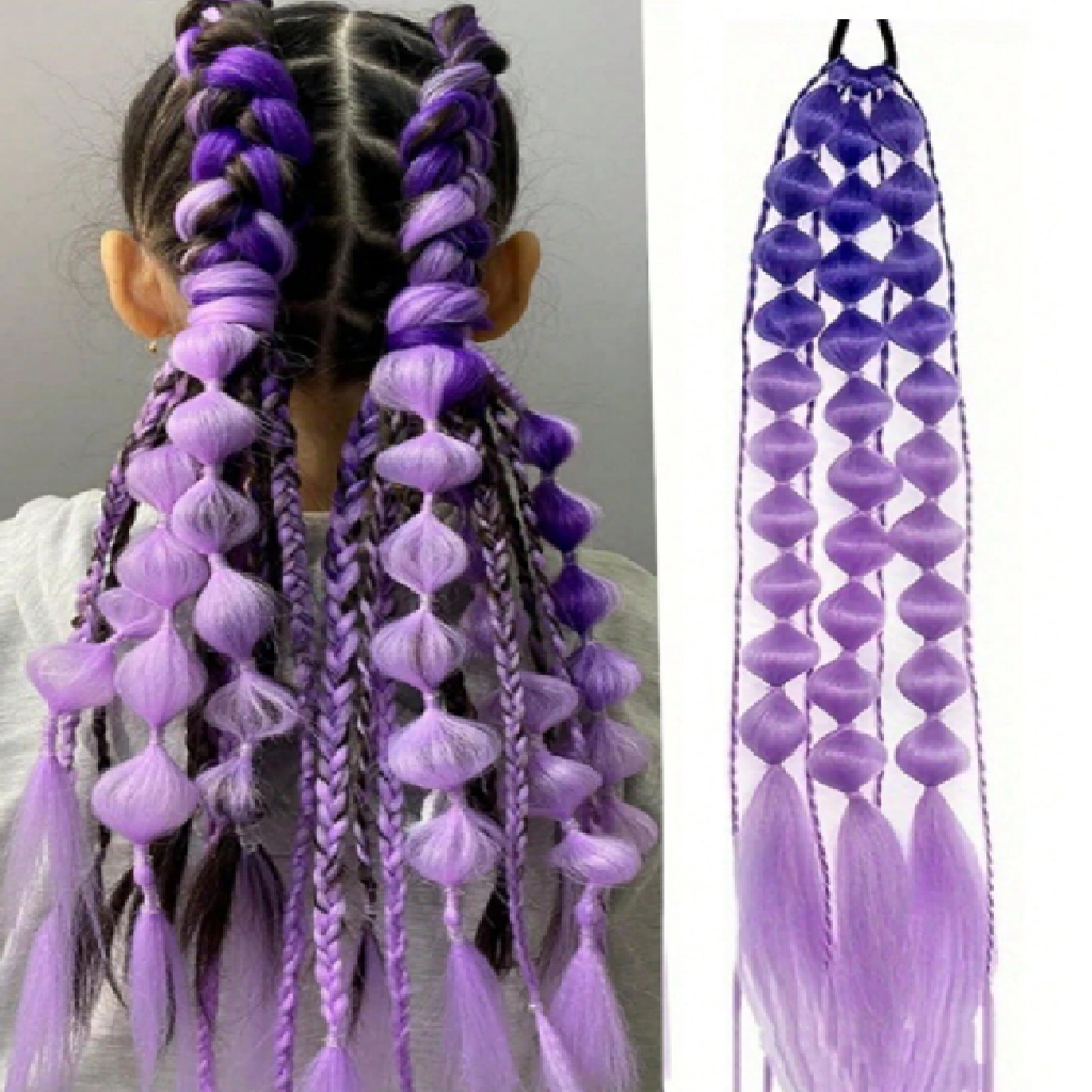 Purple braided hair extensions on a person with a plain background