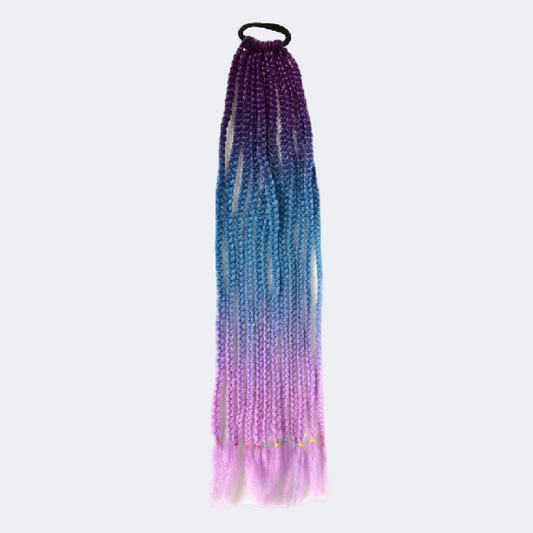Gradient hair extension with purple to pink color on a white background