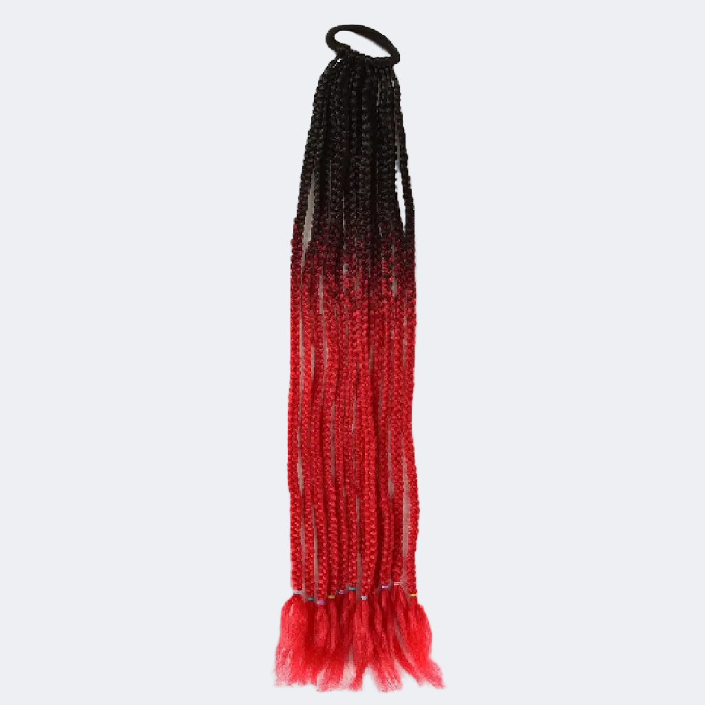 Black to red braided hair extensions on a white background