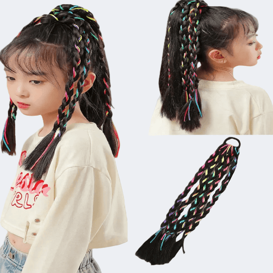 Child with colorful braided hair extensions and a close-up of the extensions.