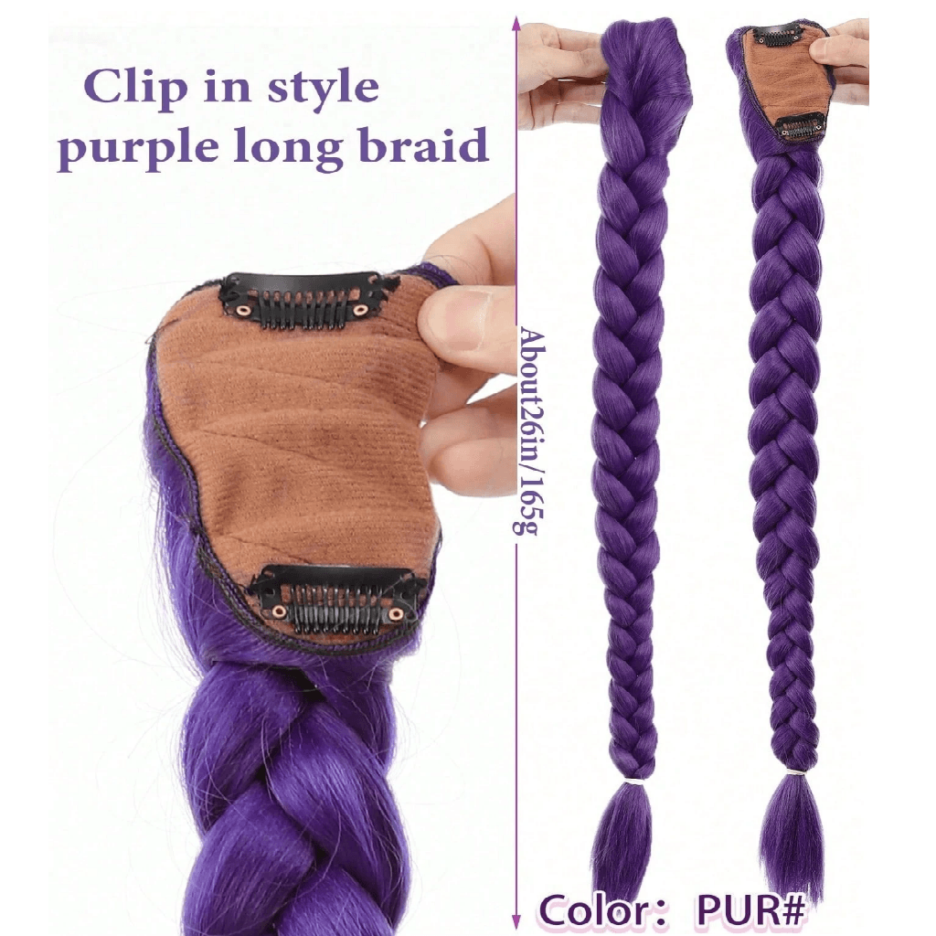 Purple clip-in hair extension with braid style, showing clip, braid, and measurement details.