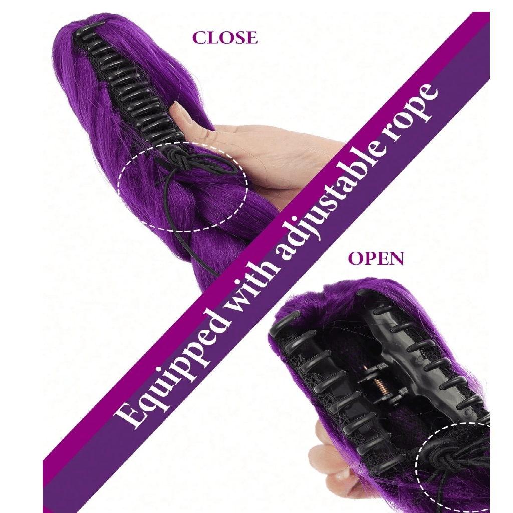 Purple hair extension with adjustable rope mechanism on a white background