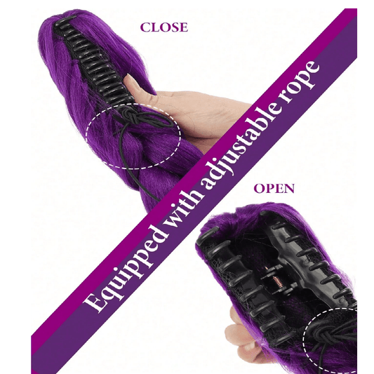 Purple hair extension with adjustable rope mechanism on a white background