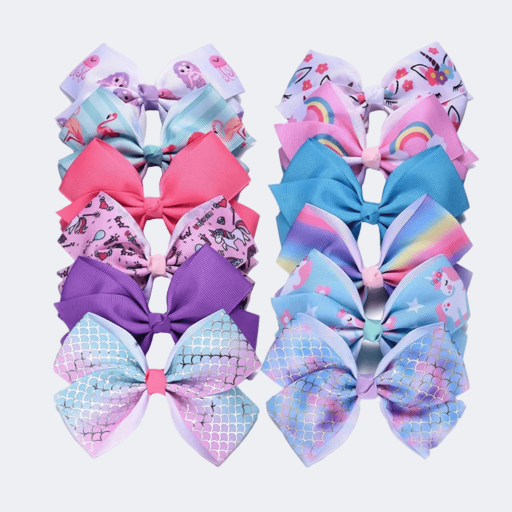 Set of colorful hair bows with various patterns on a white background