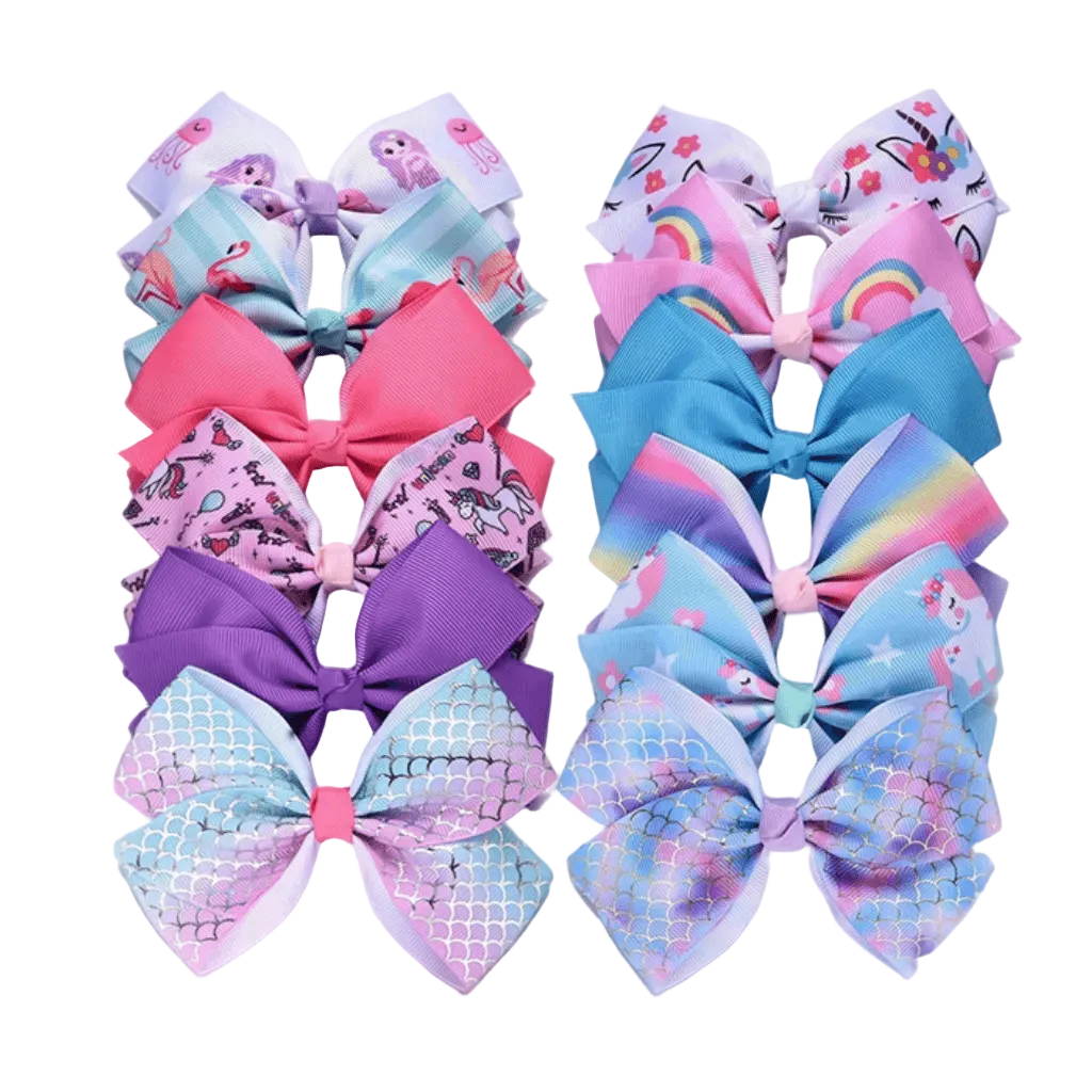Set of colorful hair bows with various patterns on a white background