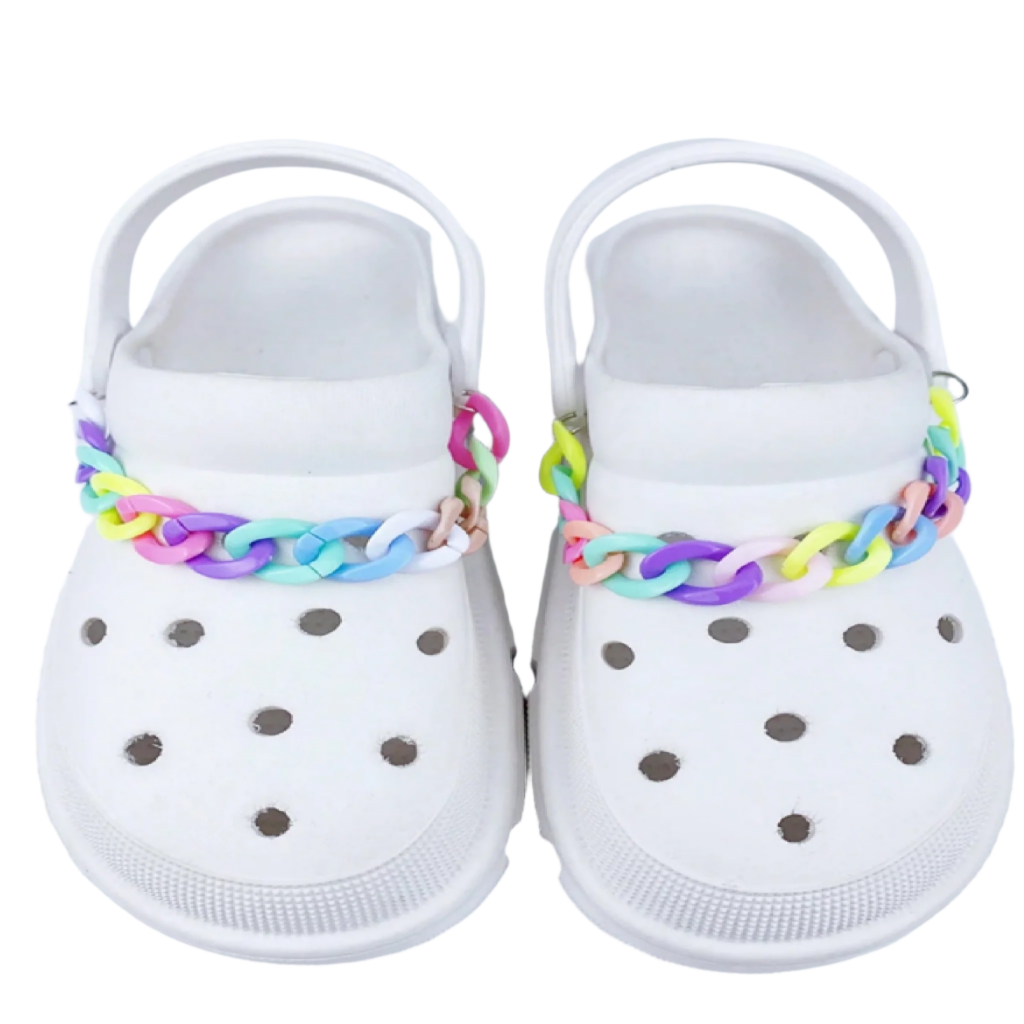 White clogs with colorful braided straps