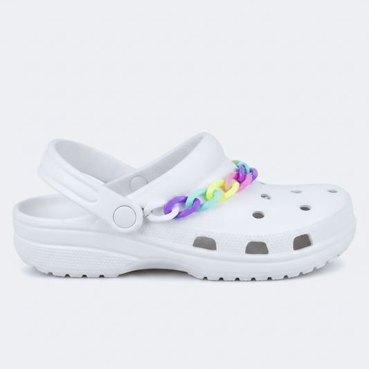 White clogs with colorful braided straps