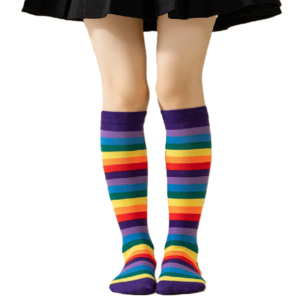 Colorful striped knee-high socks worn with a black skirt