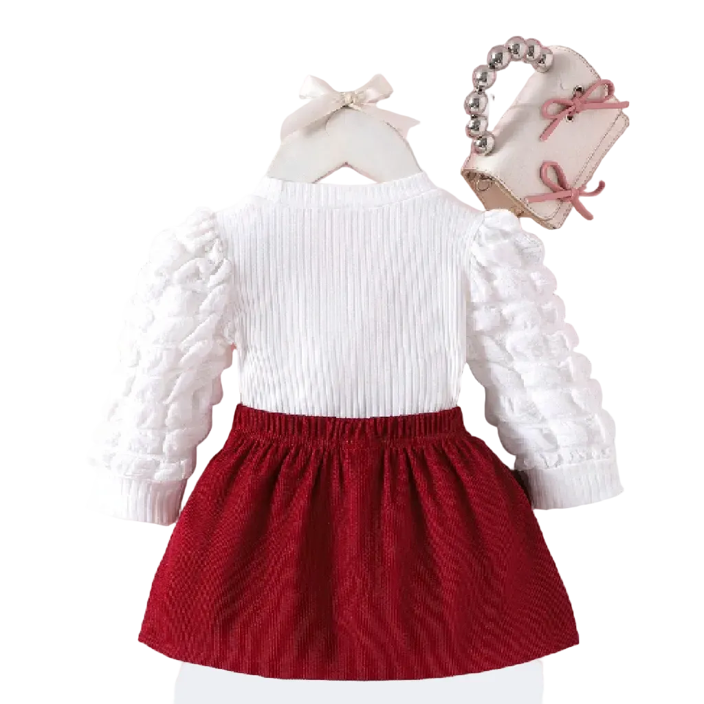 White long-sleeve top with ruffled details and a red skirt on a pink background