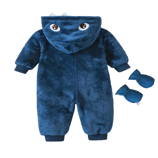 Blue baby onesie with hood and matching booties on a textured white surface.