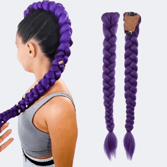 Purple braided hair extensions with a person wearing them and close-up views on a white background.