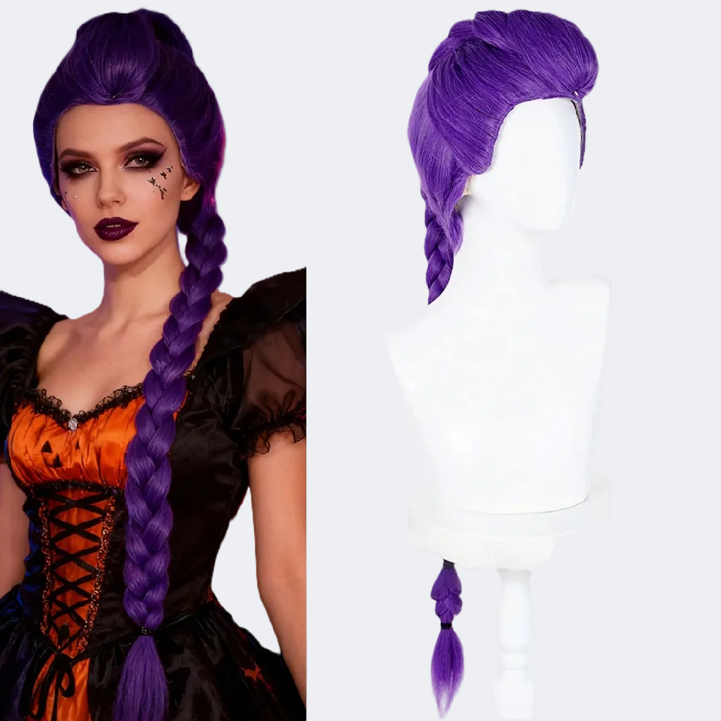 Purple wig worn by a person and on a mannequin head against a white background