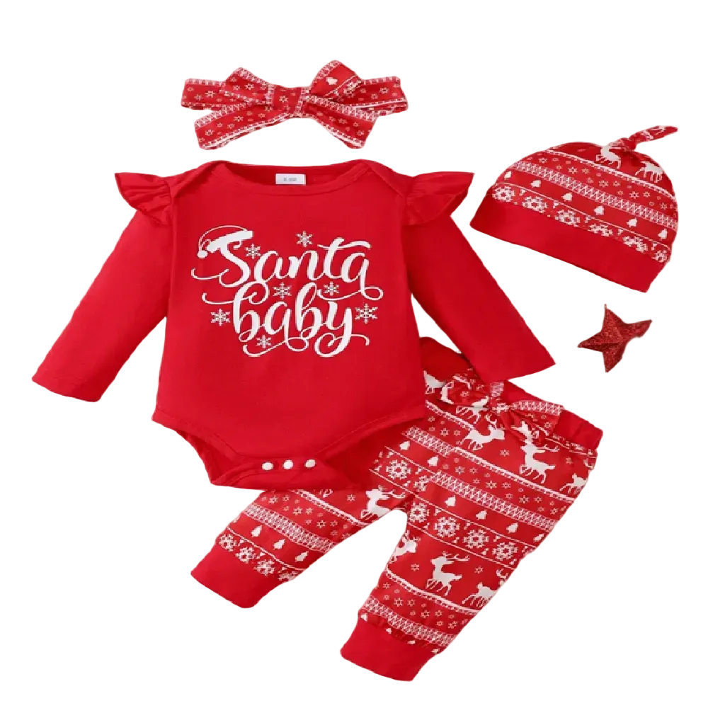 Red Christmas-themed baby outfit with 'Santa baby' onesie, pants, hat, and bow on a white background.