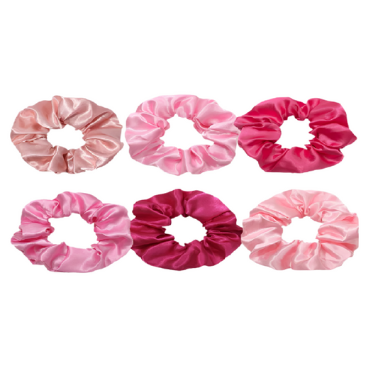 Set of six pink satin scrunchies