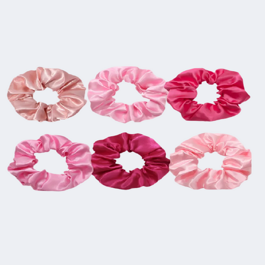 Set of six pink satin scrunchies