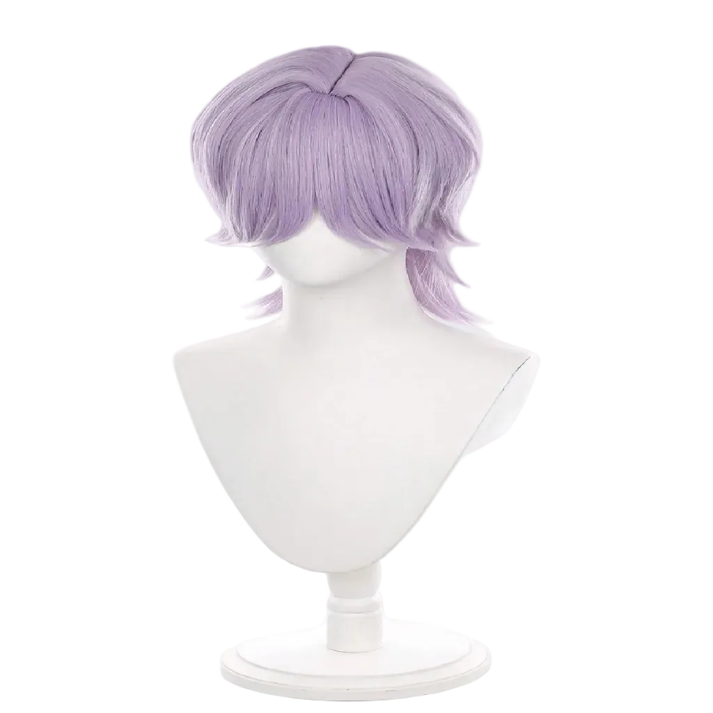 Purple wig on a white mannequin head against a white background