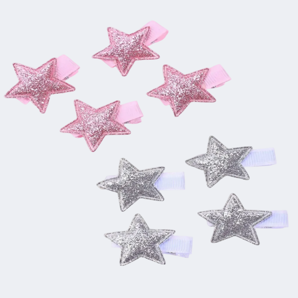 Star-shaped hair clips in pink and silver