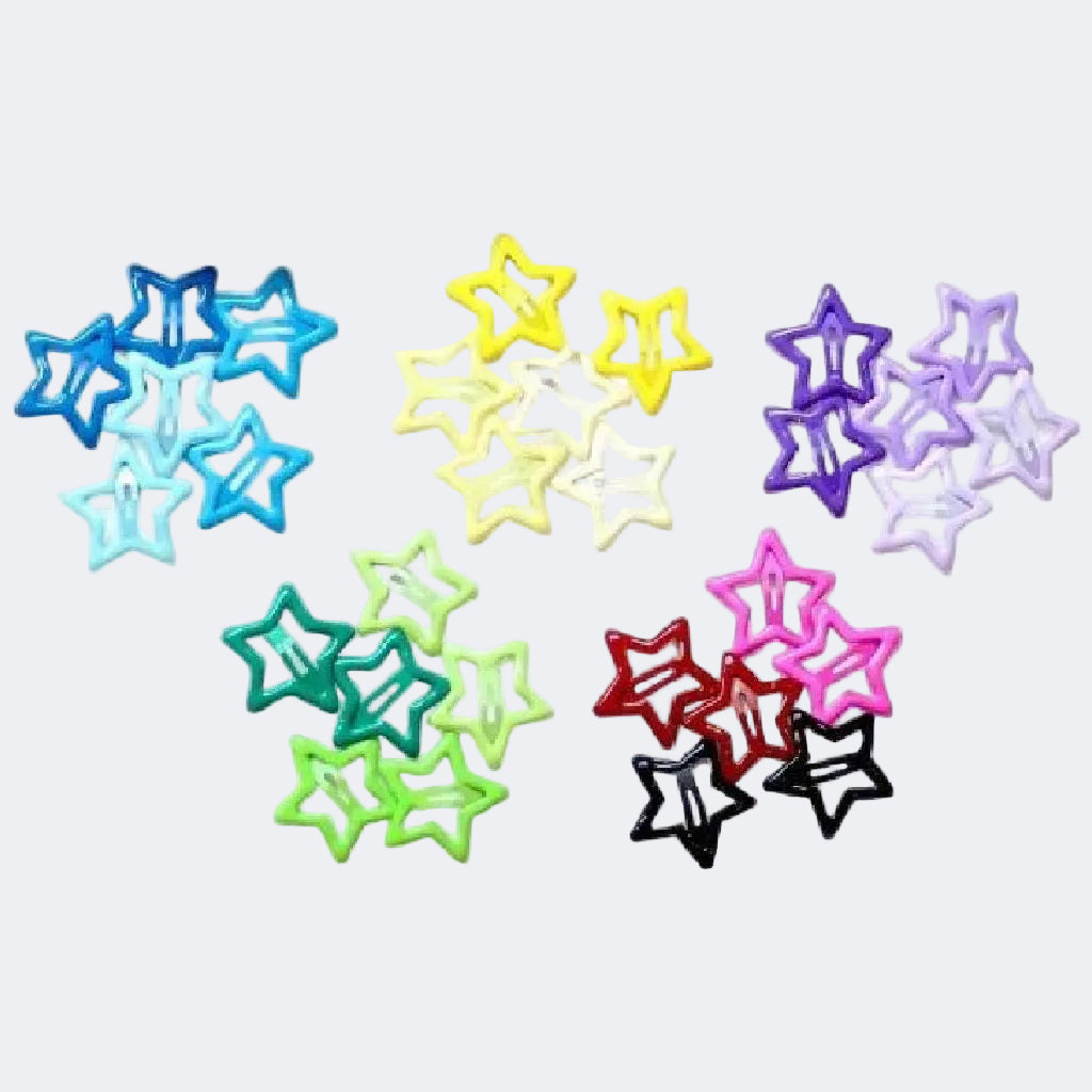 Colorful star-shaped hair clips on a white background