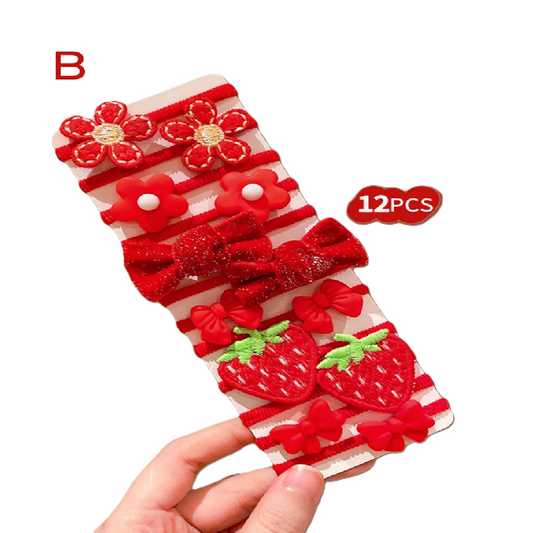 Red decorative patches with flowers and strawberries