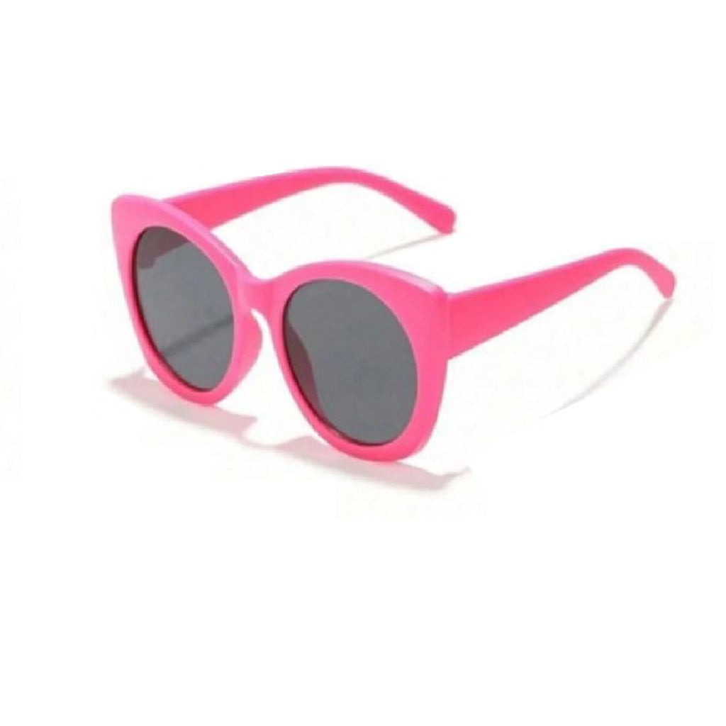 Pink sunglasses with dark lenses on a white background