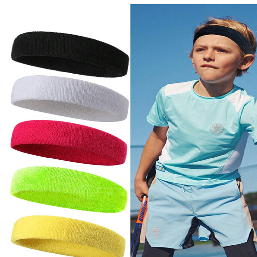 Set of colorful headbands with a child playing tennis wearing a black headband.