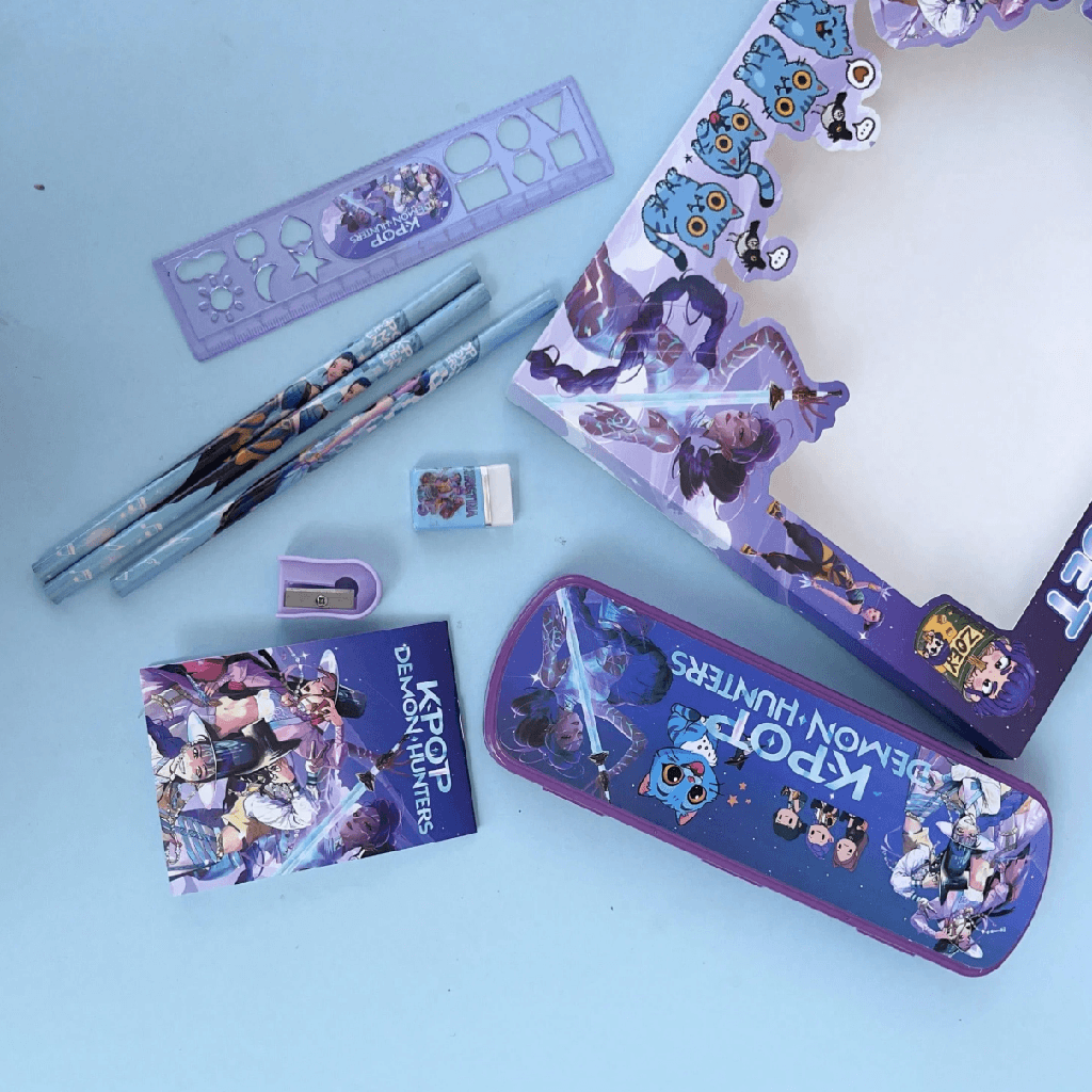 KPOP Demon Hunters pencil case with stationery items on a light blue background