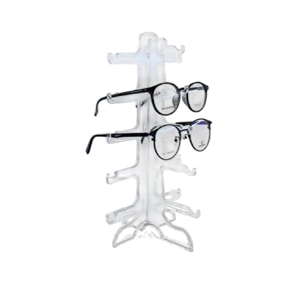 Clear acrylic eyeglass display stand with three pairs of glasses