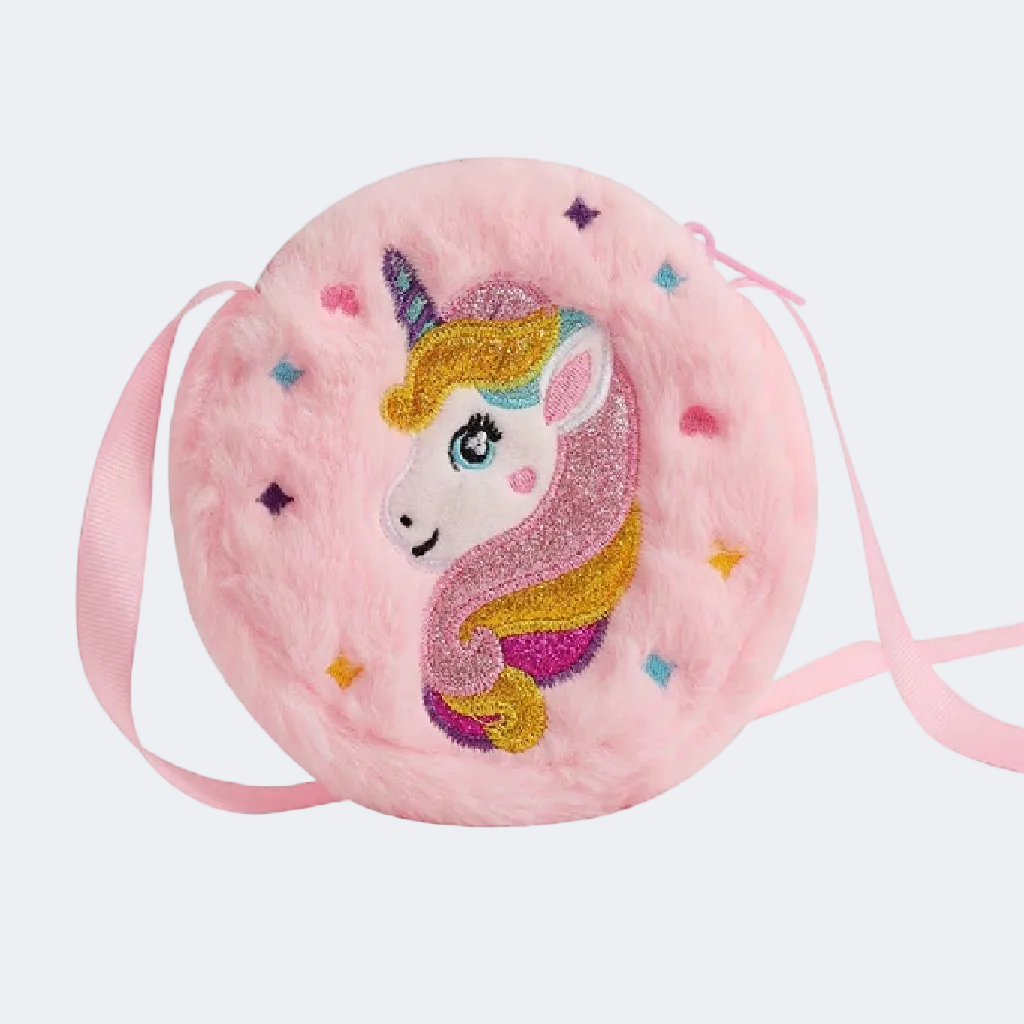Pink plush bag with unicorn design on a white background