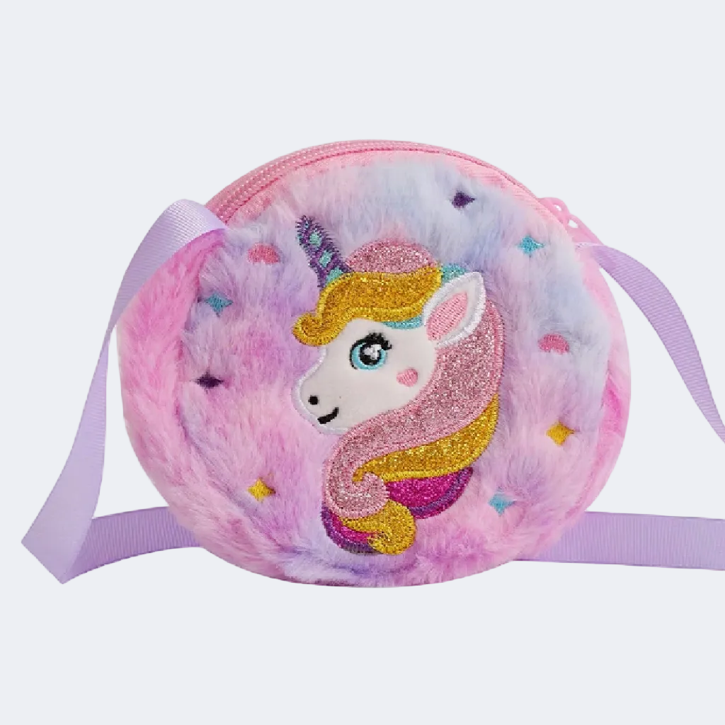 Plush unicorn bag with a pink strap on a white background