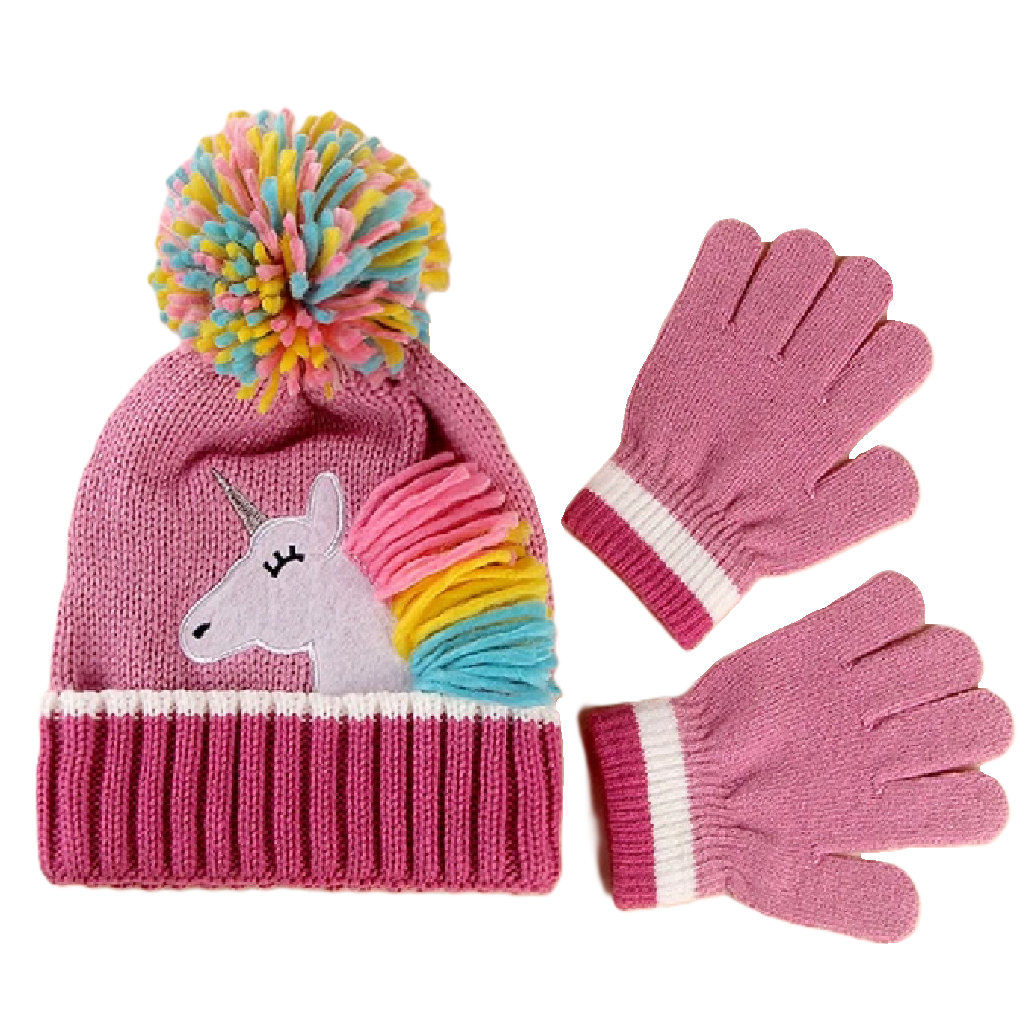 Pink knit hat with unicorn design and colorful pom-pom, paired with matching gloves on a white background.