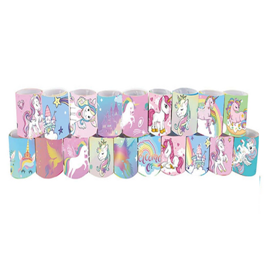 Assorted colorful rolls with unicorn and rainbow designs on a white background