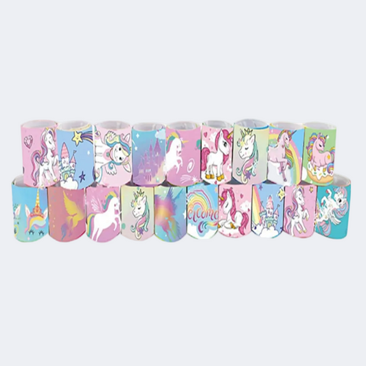 Assorted colorful rolls with unicorn and rainbow designs on a white background