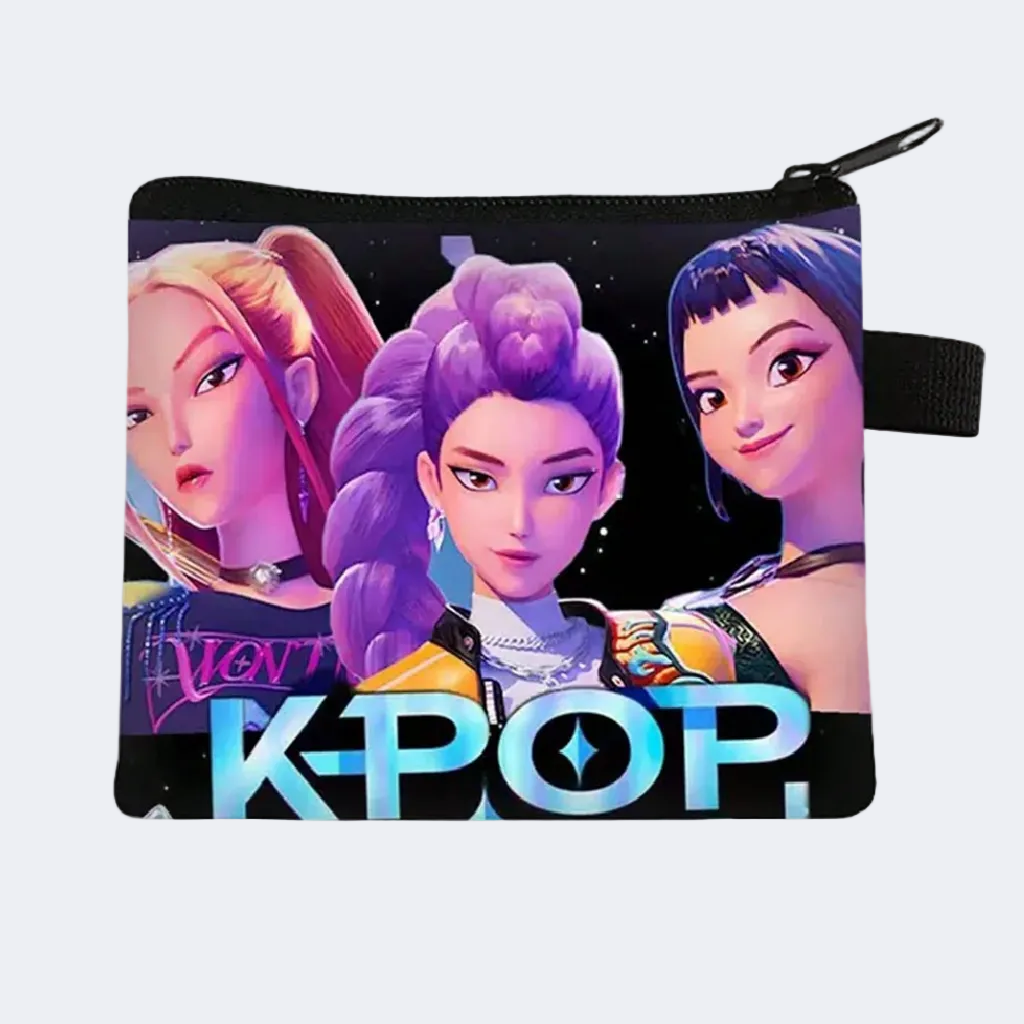 Pouch with K-Pop design featuring three animated characters on a white background