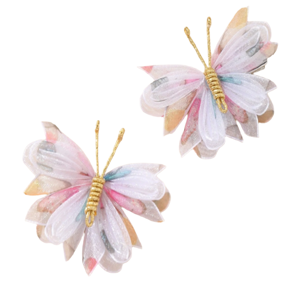 Two butterfly-shaped hair clips with gold stems